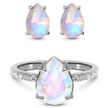 925 Sterling Silver Blue Moonstone Earrings Ring Jewelry Set